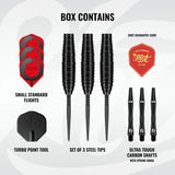 Shot Darts Set components, box contains including flights and shafts. Zen Range