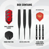 Shot Darts Set components, box contains including flights and shafts. Zen Range