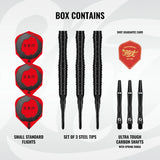 Shot Darts Set components, box contains including flights and shafts. Zen Range