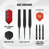 Shot Darts Set components, box contains including flights and shafts. Zen Range