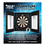Shot Quantum dartboard cabinet packaging with dartboard and accessories on a blue background