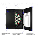 Black wooden dart cabinet with a dartboard and scoreboard, featuring text labels on its components.
