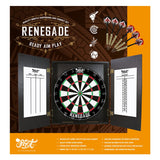 Renegade dartboard and cabinet set packaging with darts and scorecards.