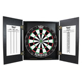 Dartboard with a black cabinet featuring scorecards on a white background