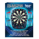 Pro Electronic Dartboard Set packaging with dartboard and darts on a blue background